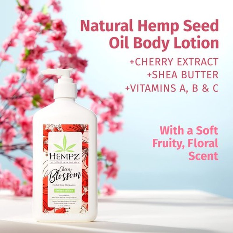 Hempz Body Lotion - Cherry Blossom Limited Edition Daily Moisturizing Cream, Shea Butter, Aloe, Cherry Extract Hand and Body Moisturizer - Skin Care Products, Hemp Seed Oil - 17 Fl Oz