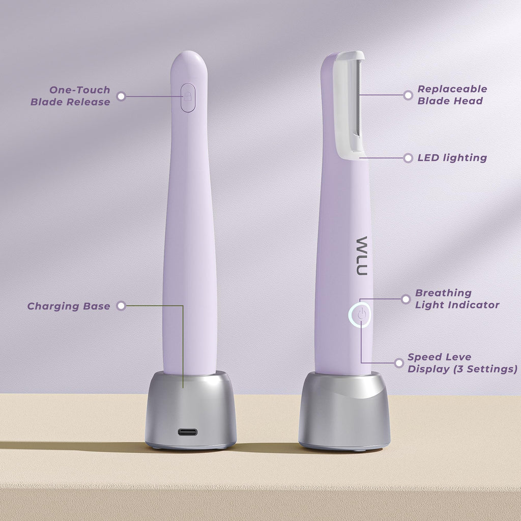Dermaplane Razor for Women Face, WLU Rechargeable Face Dermaplaning Tool – Peach Fuzz, Facial Hair & Exfoliation Removal, Sonic Technology with LED Light, 3 Speeds & 10 Blades (Purple)