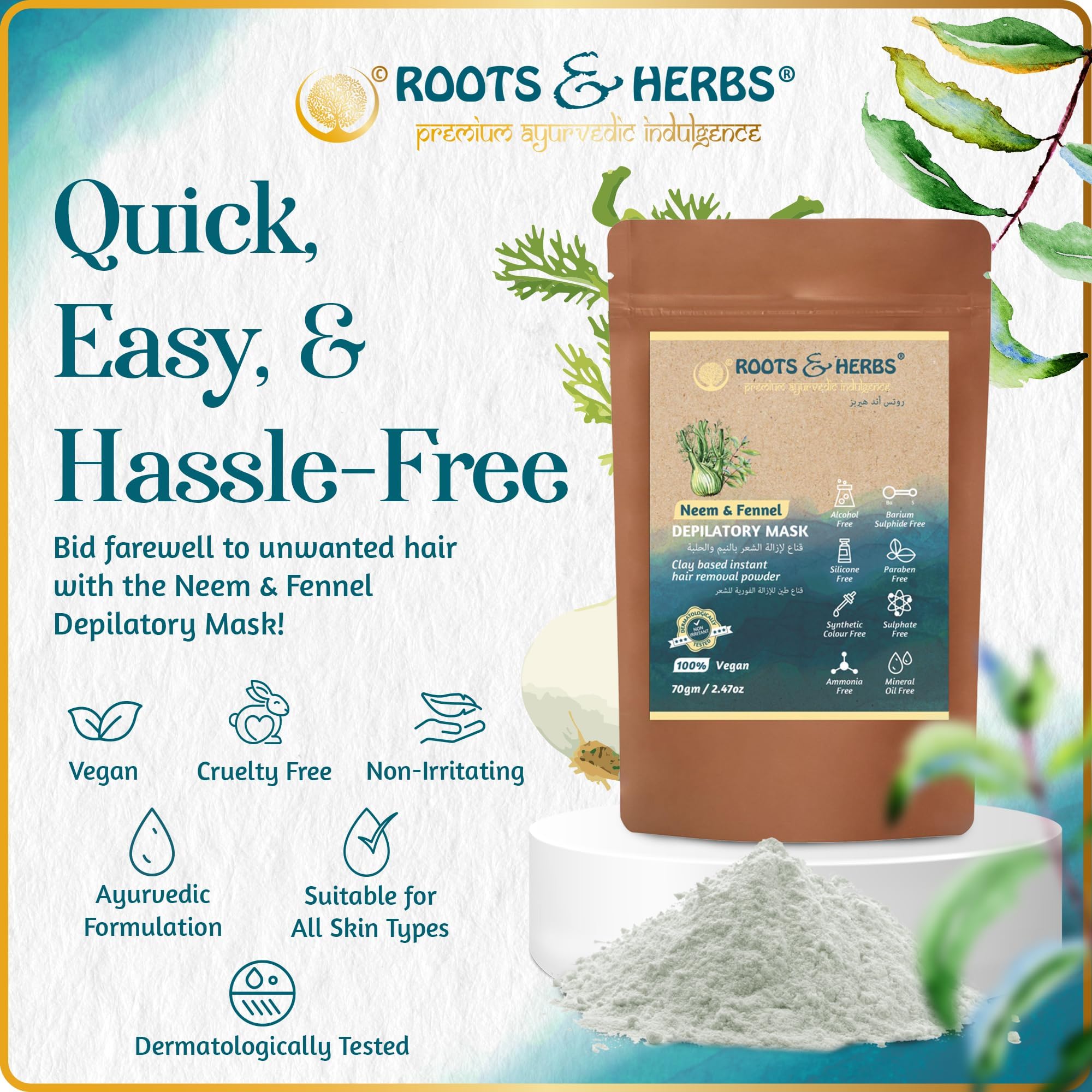 Neem & Fennel Hair Intimate Bikini Hair Removal for Women’s & Men’s Legs, Underarm, & Chest,- Depilatory Powder Body Hair Remover with Ayurvedic Herbs for All Skin Types - Roots and Herbs, 2.47oz