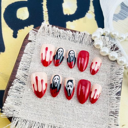 Halloween Press on Nails Short Almond False Nails Red Bloody & Horror Ghost Designs Halloween Fake Nails Glossy Full Cover Almond Nails Tips Stick on Nails for Women Gothic Holiday Nail Art 30Pcs