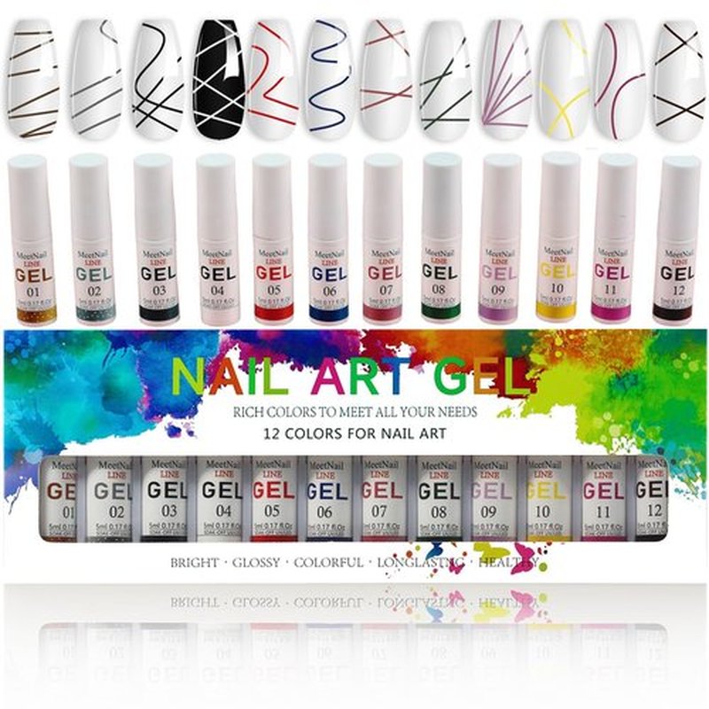 MEETNAIL Gel Liner Nail Art Set 12 Colors Gold Black Glitter with Thin Brush Soak Off UV/LED Gel Nail Polish Liner at Home Salon DIY Manicure Gift for Women