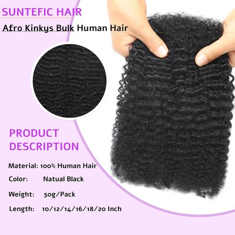Afro Kinkys Bulk Human Hair For Braiding, 50 Gram Afro Kinky-Curly Human Hair Bundles For Mini Twists Braids Dreadlock Extensions Locs Repair Can Dye And Bleach (Natural Black, 12 Inch (Pack of 1))