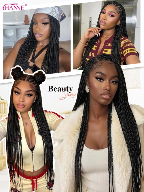 HANNE Real Full Lace Braided Wigs for Black Women 34 Inch Knotless Braided Wigs with Baby Hair 100% Handmade HD Lace Synthetic Box Braid Wig (Natural Black)