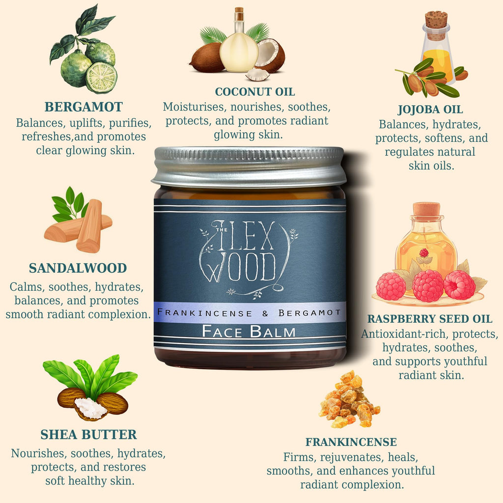 The Ilex Wood - Frankincense and Bergamot Face Balm - 100% Natural, Vegan, Moisturising, Anti Ageing, Wrinkle and Line Reducing Ingredients, Cruelty Free - 60ml (2.03 fl oz)