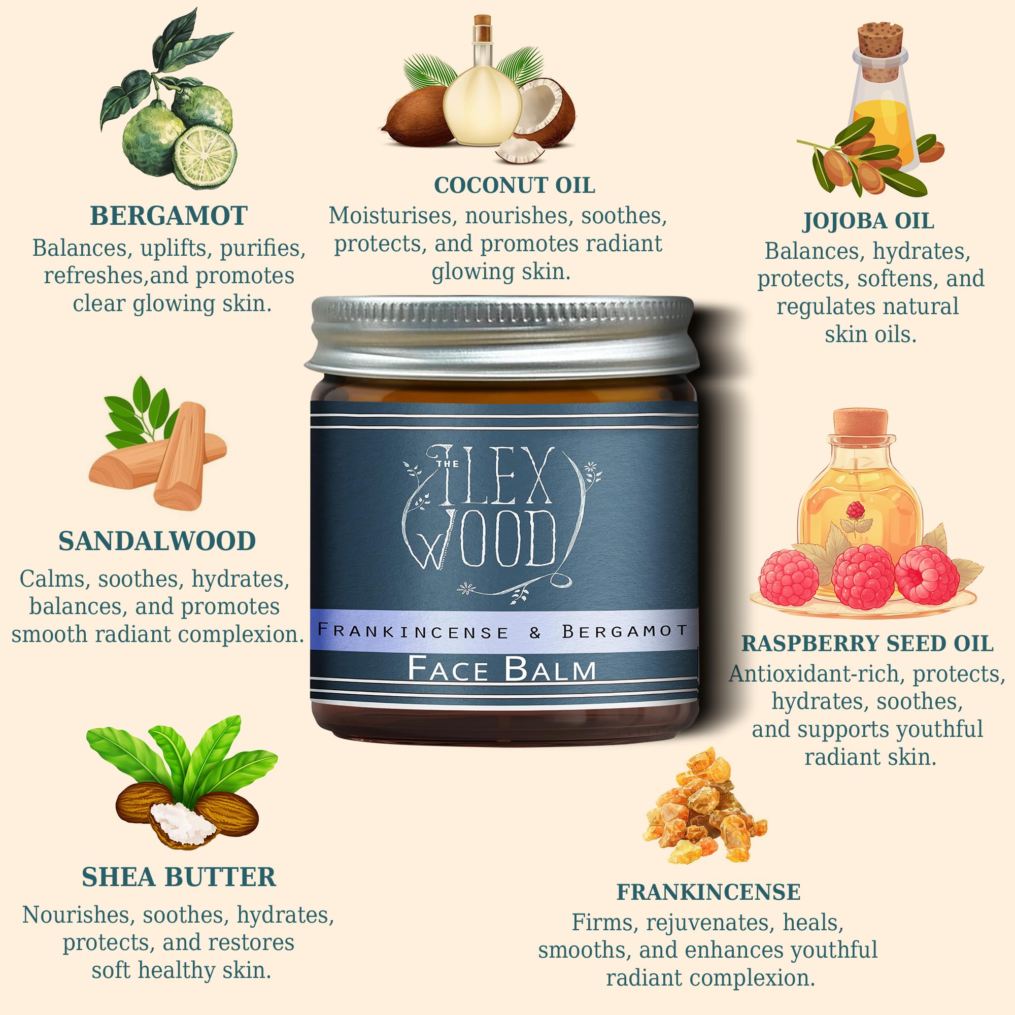 The Ilex Wood - Frankincense and Bergamot Face Balm - 100% Natural, Vegan, Moisturising, Anti Ageing, Wrinkle and Line Reducing Ingredients, Cruelty Free - 60ml (2.03 fl oz)