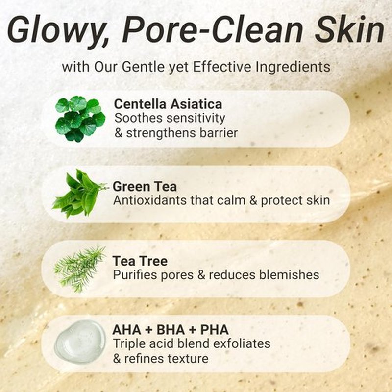 CELDYQUE Gentle Cleanser Purifying Touch – Centella, Tea Tree & Green Tea | AHA BHA PHA Exfoliating Face Wash for Sensitive, Acne-Prone Skin | Calming, Pore Purifying Korean Cleansing Foam, 5.07 fl oz
