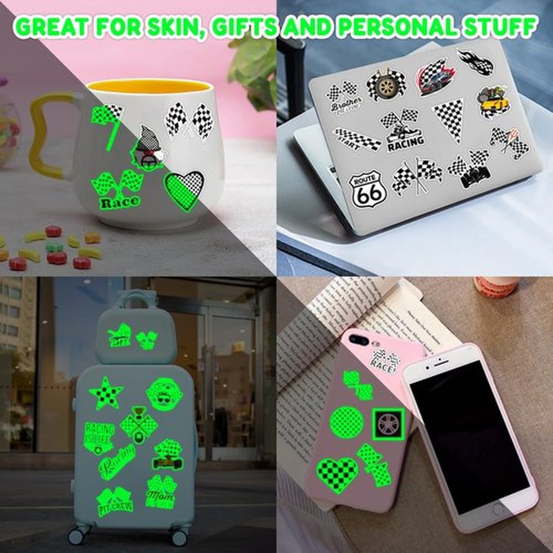 96 PCS Funny Race Car Checkered Flag Glow In The Dark Pre-Cut Black and White Temporary Tattoos Sticker Birthday Party Decorations Supplies Favors Gifts Boys Girls (Luminous)