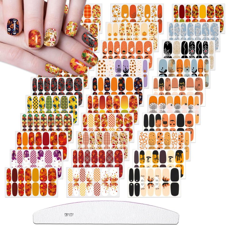 XEAOHESY 30 Sheets Maple Leaf Theme Halloween Stick On Nail Polish Strips Nail Stickers Decals Holiday Full Nail Wraps for Women Halloween Nail Art
