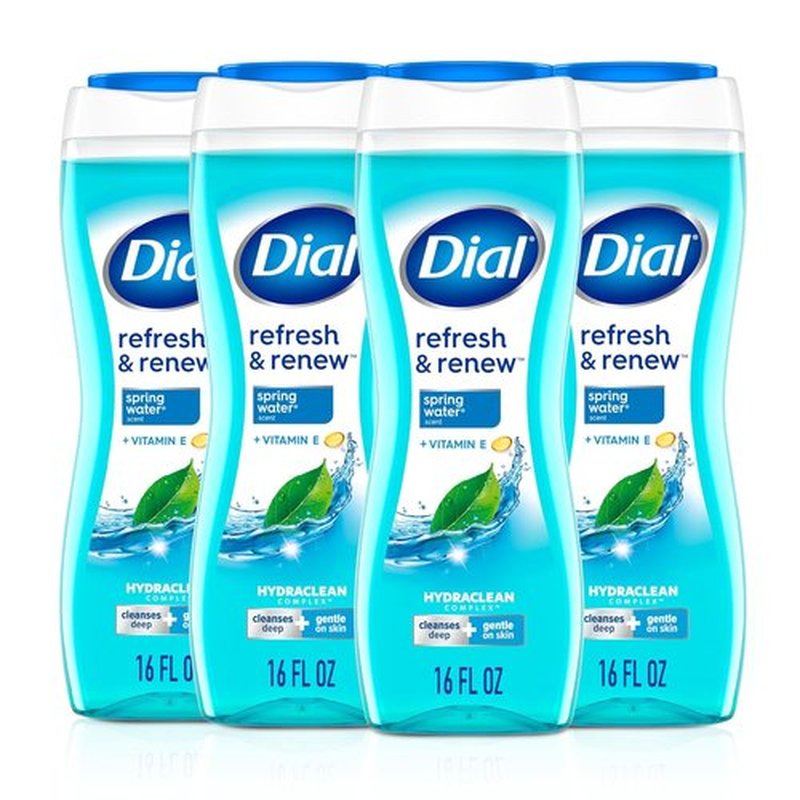 Dial Body Wash - Refresh & Renew Spring Water | 16 Fl Oz (Pack of 4) with Hydraclean Complex & Vitamin E, Gentle & Nourishing