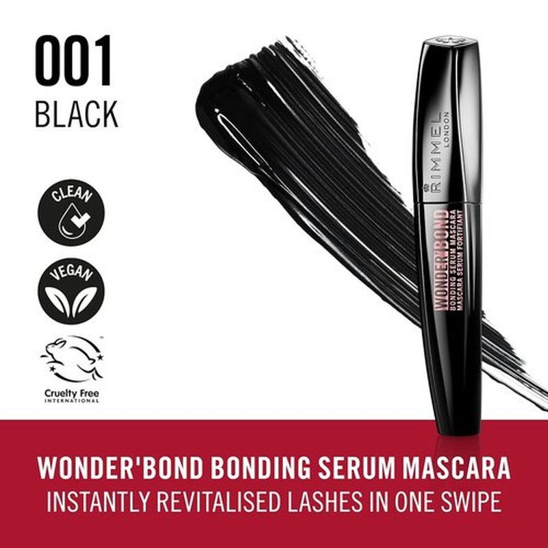 Rimmel Wonder'Bond Mascara - Volumizing Bonding Serum with Biotin | 001 Black, Smudge-Proof, 0.39oz