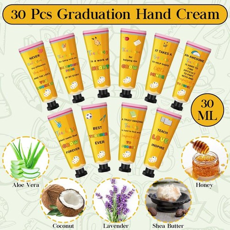 Leelosp 30 Pcs Teacher Appreciation Gift - Pencil Design Hand Cream Bulk Mini Travel Size Moisturizing Hand Lotion for Women Teacher Appreciation Week Graduation Party Favors, 10 Natural Fragrances