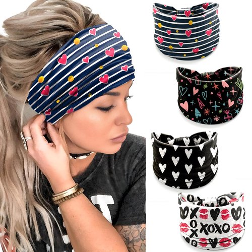4 Pcs Valentine's Day Headbands for Women, Black White Wide Turban Dress Up Costume Breathable Stretchy Non Slip Head Wrap, Love Heart Pattern Holiday Fall Winter Hair Band for Yoga Running Party