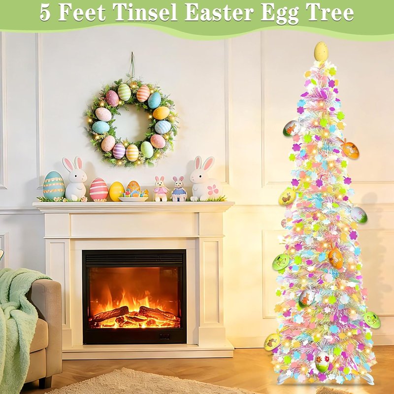 **Skiennix 5Ft Lighted Easter Tree - 50 LED Warm White Lights & Colorful Egg Ornaments | Battery Operated**