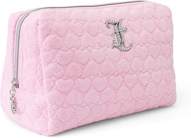 Juicy Couture Pink Makeup Bag - Travel Organizer with Zip Top & Heart Logo Design