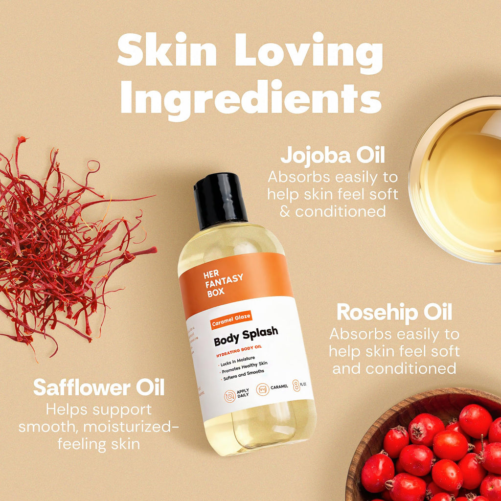 Her Fantasy Box | Body Splash Caramel Glaze Fragrance Oil – Warm Caramel & Vanilla Gourmand Scent, Lightweight Hydrating Body Oil, Vegan & Cruelty Free
