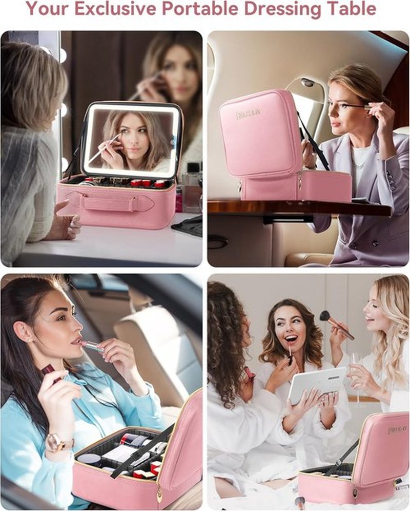 JUSRON Travel Makeup Bag - Portable Organizer with LED Mirror & Adjustable Dividers | Large Pink