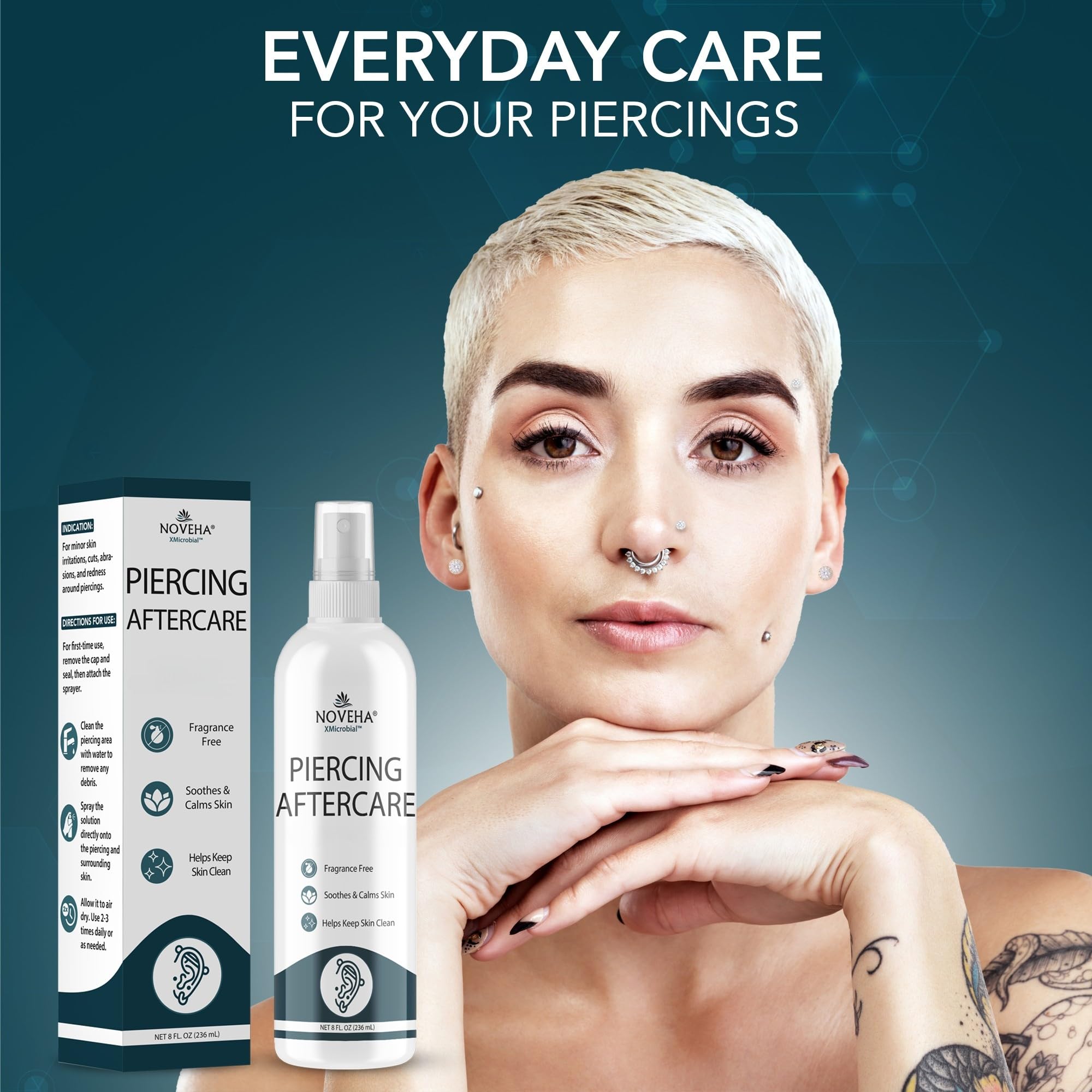 NOVEHA Piercing Aftercare Spray - Fast Cleaner Solution for Ear, Nose, and Belly Piercings - Keloid and Bump Cleaning with Hypochlorous Acid - 8 oz Bottle