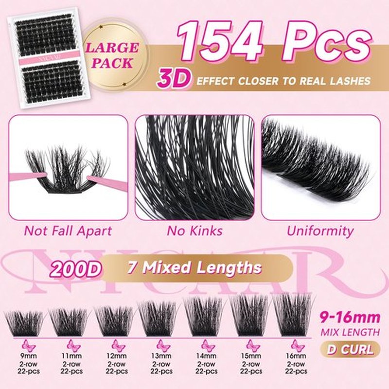 Lash Clusters 3D Effect Individual Lashes Kit NYCAAR 154pcs 200D D Curl 9-16MIX Eyelash Clusters Wispy Lashes Fluffy Cluster Lashes Kit with Lash Glue Remover Applicator Easy to Use for Beginners