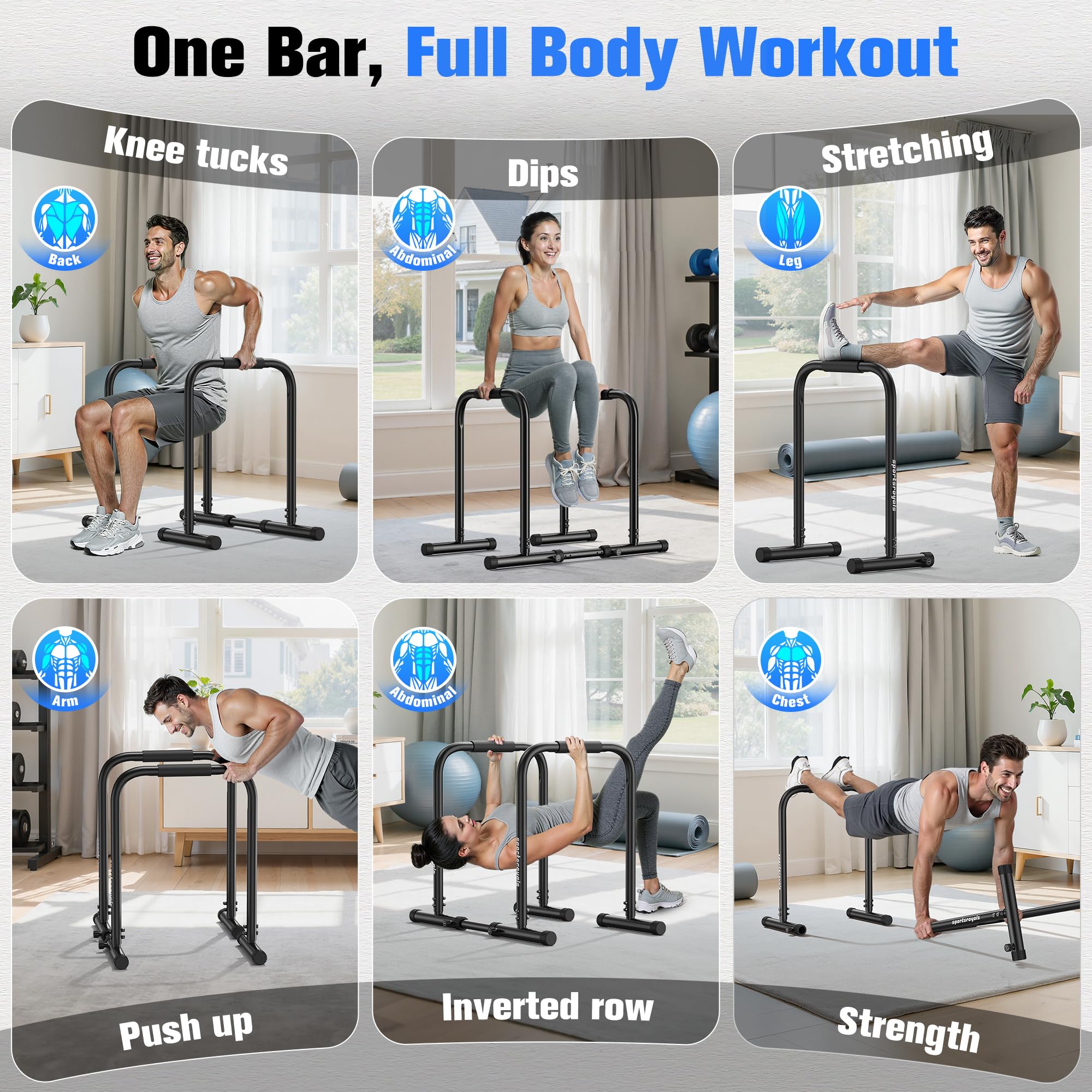 SPORTSROYALS DP3 Dip Station Adjustable Dip Bar, Heavy Duty Parallette & Parallel Bars, 400LBS Stable Dip Stands for Home Gym, Calisthenics & Upper Body Workout Equipment