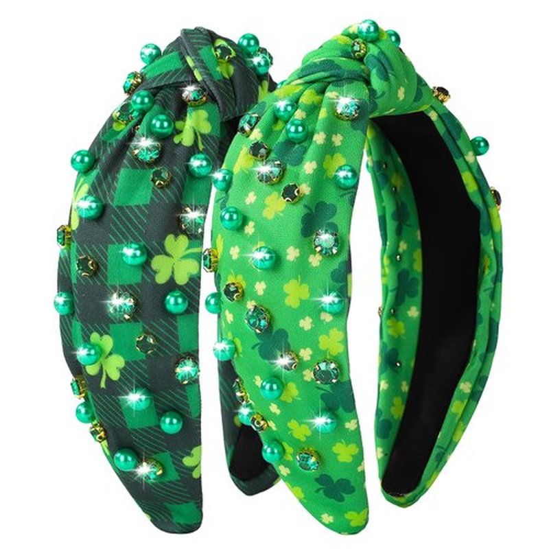 2 Pack St. Patrick's Day Headband for Women Clover Print Pearl Rhinestone Crystal Jeweled Embellished Ladies Wide Top Knot Green Grid Makeup Hair Hoop Accessory Holiday Party Costume Decor Prezzie