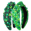 2 Pack St. Patrick's Day Headband for Women Clover Print Pearl Rhinestone Crystal Jeweled Embellished Ladies Wide Top Knot Green Grid Makeup Hair Hoop Accessory Holiday Party Costume Decor Prezzie