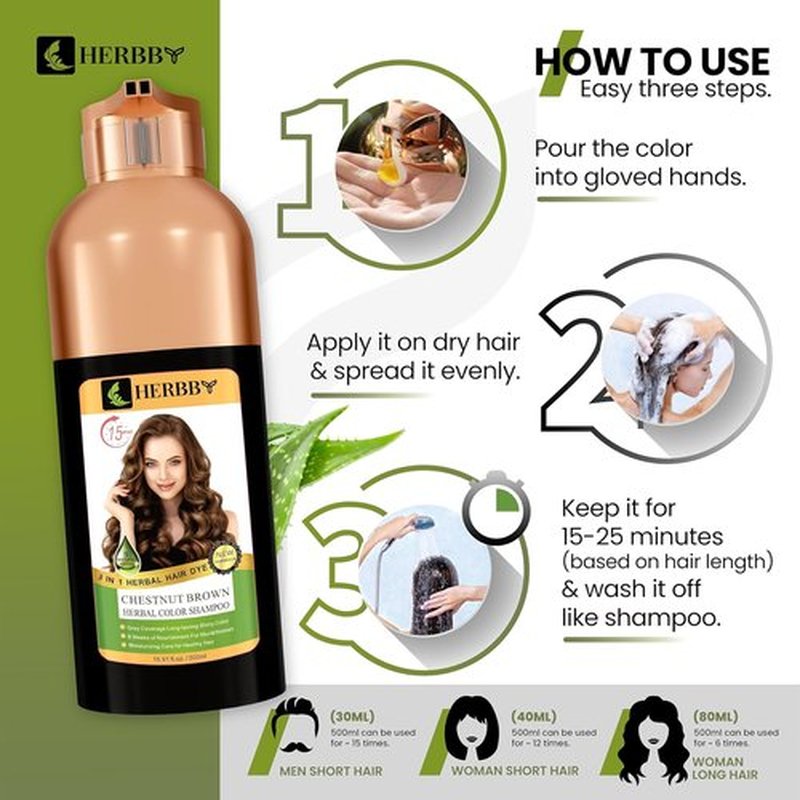 HERBBY Gray Hair Coverage Shampoo & Conditioner - Transform Color with 9 Herbal Extracts, 500 ml (Chestnut Brown)