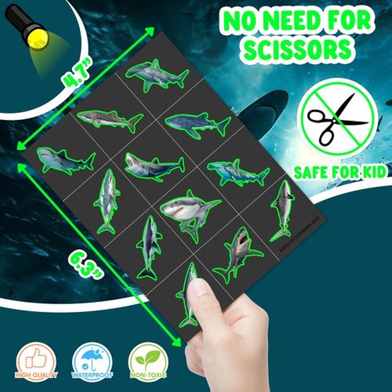 Realistic Shark Glow in The Dark Temporary Tattoos for Kids – 96PCS Luminous Waterproof Removable Stickers – Birthday Party Decorations Supplies Favors – Boys Girls Ocean Animal Gift - Halloween Party