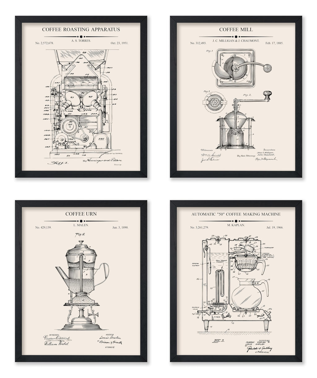 Monem Art 4-Piece Coffee Blueprint Poster - Roaster Patent Print - Coffee Mill Making Machine & Pot Art - Cafe Wall Decor - 8x10 UNFRAMED Wall Art