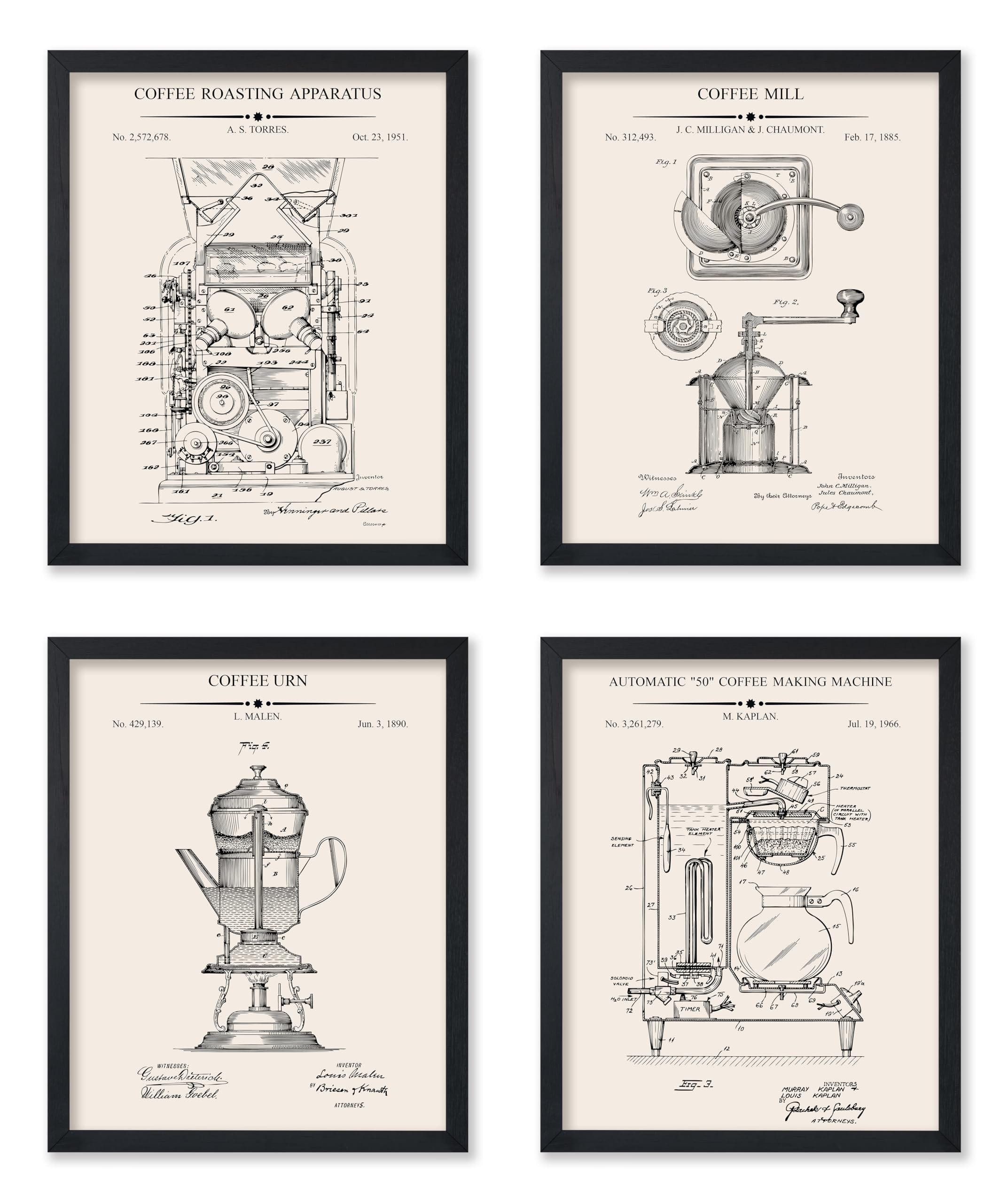 Monem Art 4-Piece Coffee Blueprint Poster - Roaster Patent Print - Coffee Mill Making Machine & Pot Art - Cafe Wall Decor - 8x10 UNFRAMED Wall Art
