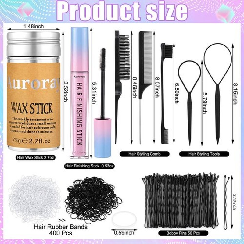 7Pcs Hair Finishing Stick Set with 1Pcs Slick Back Brush,1Pcs Fly Away Stick for Hair,50PCS Bobby Pins,400Pcs Elastic Rubber Bands