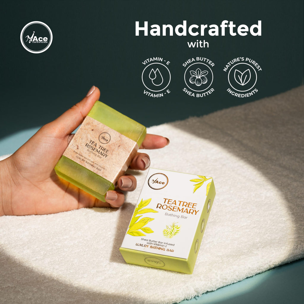 MY ACE Tea Tree & Rosemary Bathing Bar Soap for Men & Women - Handmade with Essential Oil, Coconut Oil, Shea Butter & Vitamin E for Skin Cleansing, Moisturizing - SLES Free - For Face, Hair, Body Wash