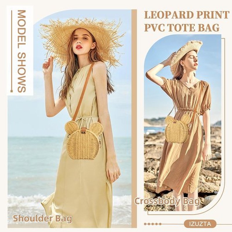 Skiennix Round Rattan Straw Bag - Handmade Wicker Purse with Cute Mouse Ears | Stylish Crossbody Handbag