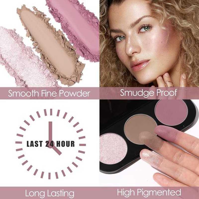 FOCALLURE Blush and Highlighter Palette - 3 in 1 Contour Set with Matte Bronzer & Shimmer Illuminators | #08