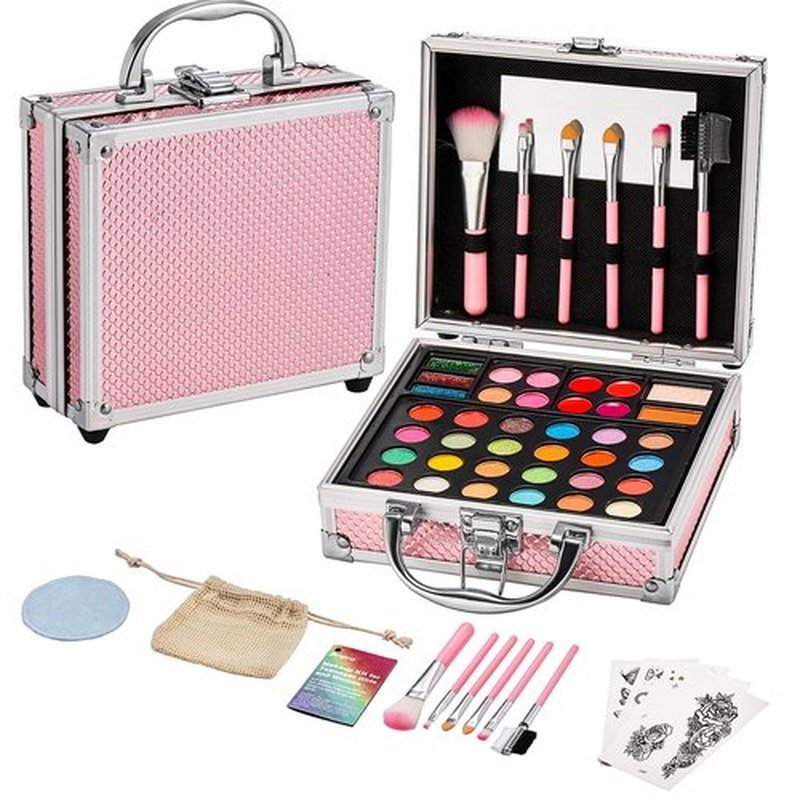 Anpro All-In-One Makeup Kit for Girls 10-12 with Case, Pro Teen Makeup Set, Tween Makeup Kit, Full Starter Make Up Kit with Brushes, Eyeshadow Palette, Blushes, Glitter Gel, Temporary Tattoo Stickers
