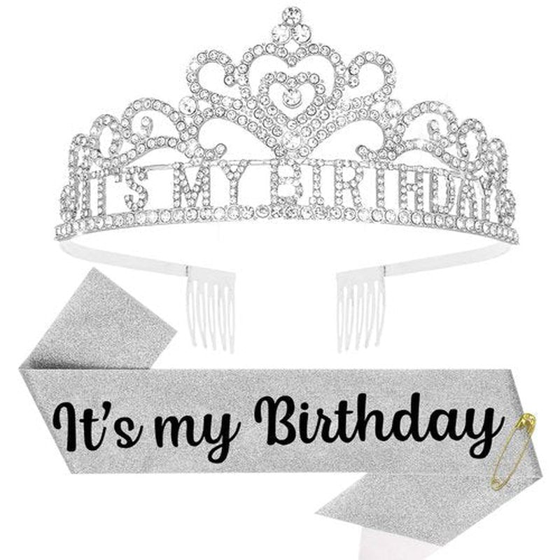 Araluky Silver Birthday Crown Adult Woman & Glitter It's My Birthday Sash for Women Princess Tiara for Parties Favors Party Decorations