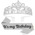 Araluky Silver Birthday Crown Adult Woman & Glitter It's My Birthday Sash for Women Princess Tiara for Parties Favors Party Decorations