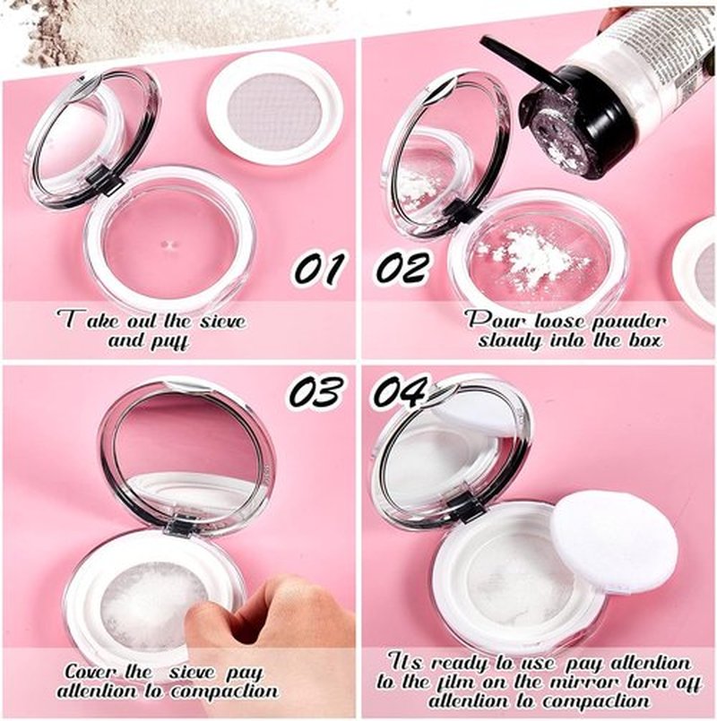 Cunhill Loose Powder Container Set - Reusable Plastic Makeup Case with Puff & Mirror | 0.17 oz, Pink & Silver
