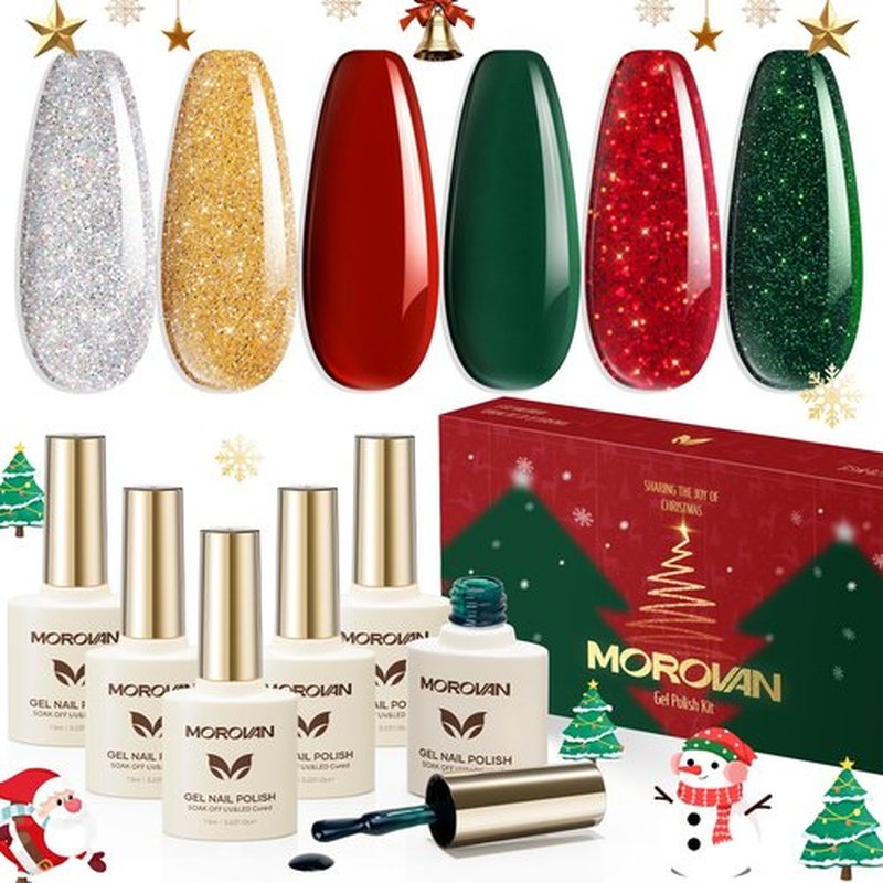 Morovan Gel Nail Polish Set: 6 Christmas Colors Red Sparkle Green Glitter Gold Silver Long-lasting Soak Off Nail Lamp Uv LED Cured Gel Polish Kit for Women Home Salon with Christmas Gift Box