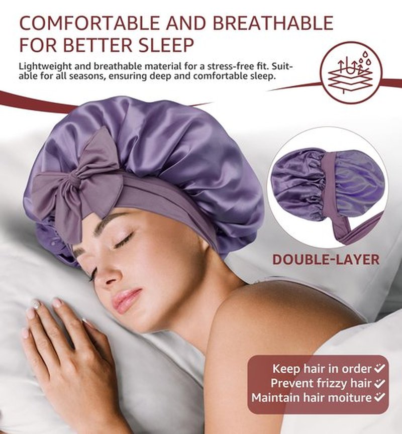 HiRui Silk Satin Bonnet for Sleeping Women, Double-Layer Sleep Cap Shower Cap with Adjustable Tie, Moisture Retaining Satin Lined Hair Bonnet for Curly and Natural Hair (Lavender, Medium)