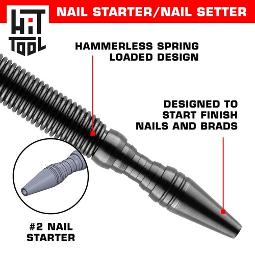 HIT Tools Dual-Tip Nail Starter & 2/32" Nail Setter – Spring-Loaded Hammerless Punch for Trim, Molding & Fine Carpentry – Compact, Rust-Resistant, Made in USA