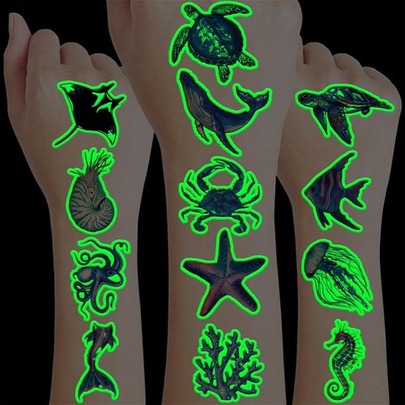 96 PCS Ocean Pre–Cut Luminous Temporary Tattoos Themed Birthday Party Decorations Favors Supplies Décor Glow In The Dark Shark Sea Turtle Tattoo Stickers Gifts For Game Boys Girls (Glow in the Dark)