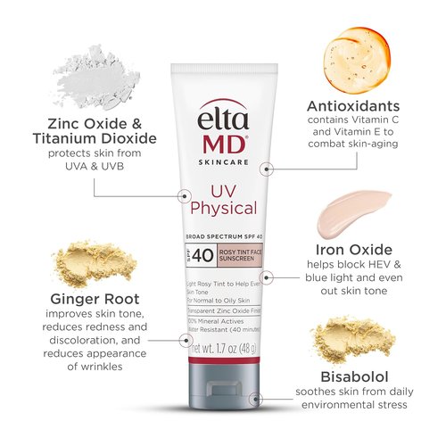 EltaMD UV Physical Tinted Sunscreen - 100% Mineral Active Formula for Face Protection