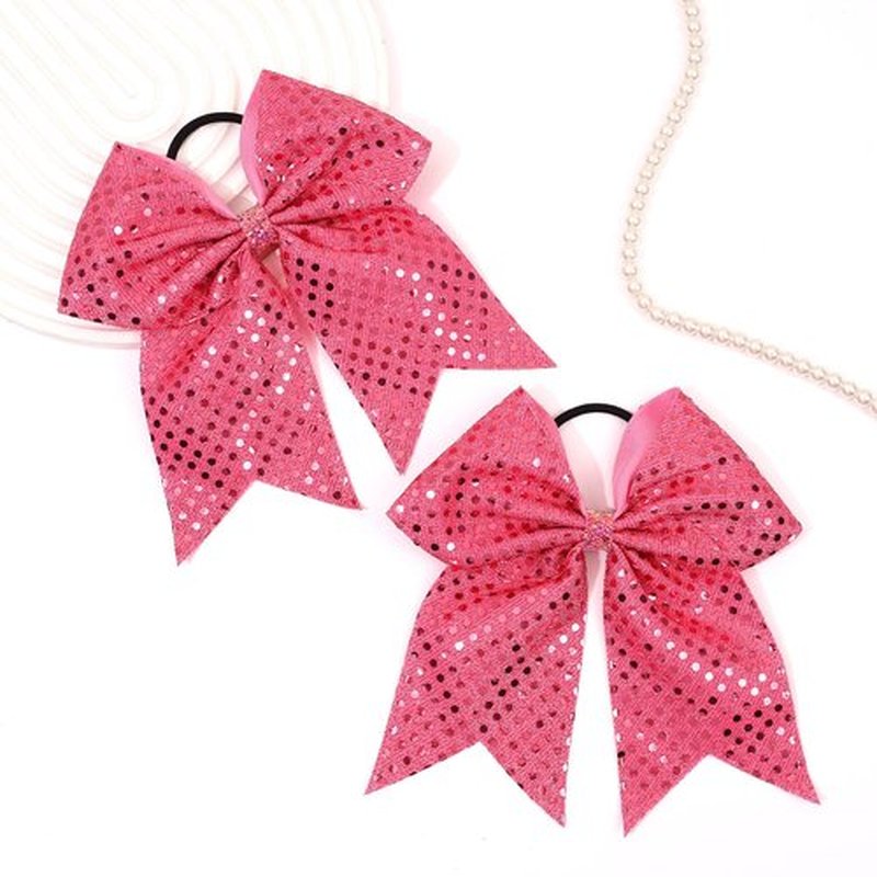 Oaoleer 12pcs Glitter Cheer Bows for Cheerleading, 7” Large Shiny Cheer Hair Bows Ponytail Holder for Cheerleader Girls Softball Sports (Pink)