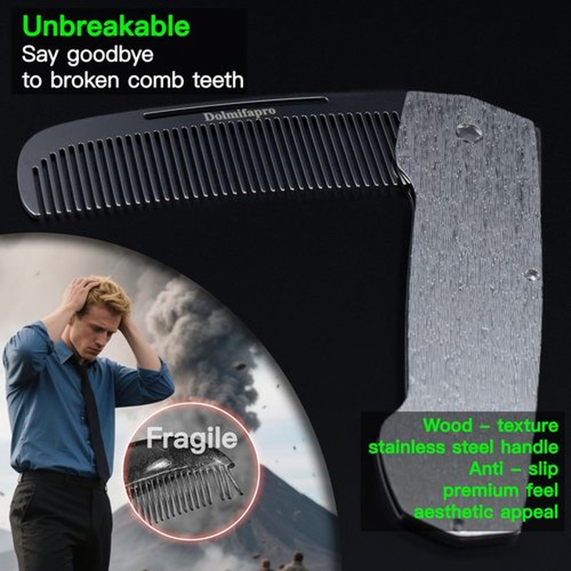 Dolmifapro Folding Pocket Comb for Men Hair Comb Stainless Steel Mustache Comb Wood Grain Design