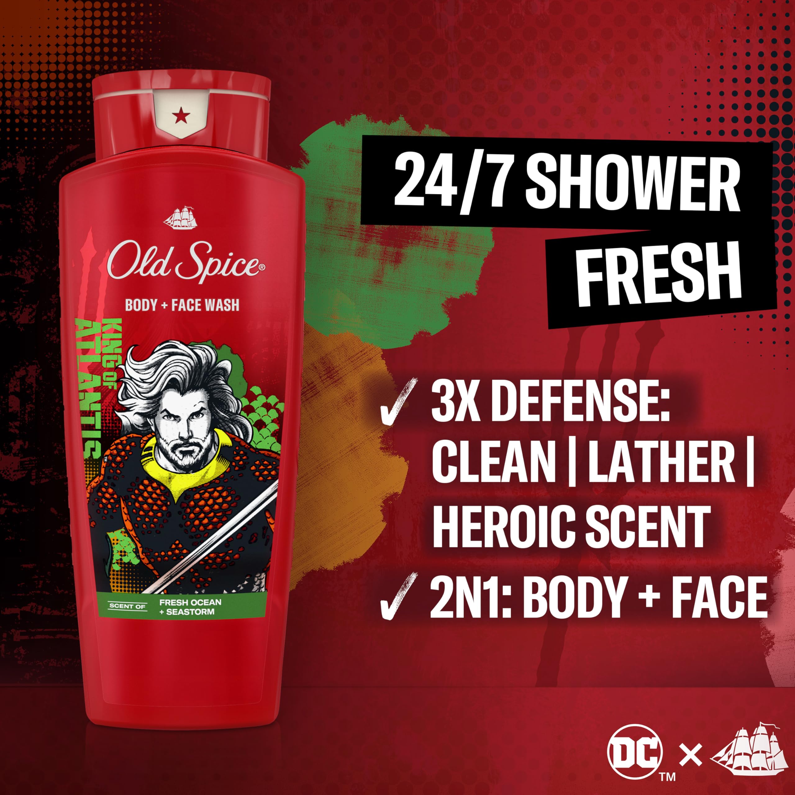 Old Spice Body Wash for Men, Aquaman: King of Atlantis, 3X Defense, 24/7 Shower Fresh with Lasting Scent, Cleansing 2-in-1 Body & Face Wash, Smell Like a Hero, Fresh Ocean and Seastorm Scent, 24 oz