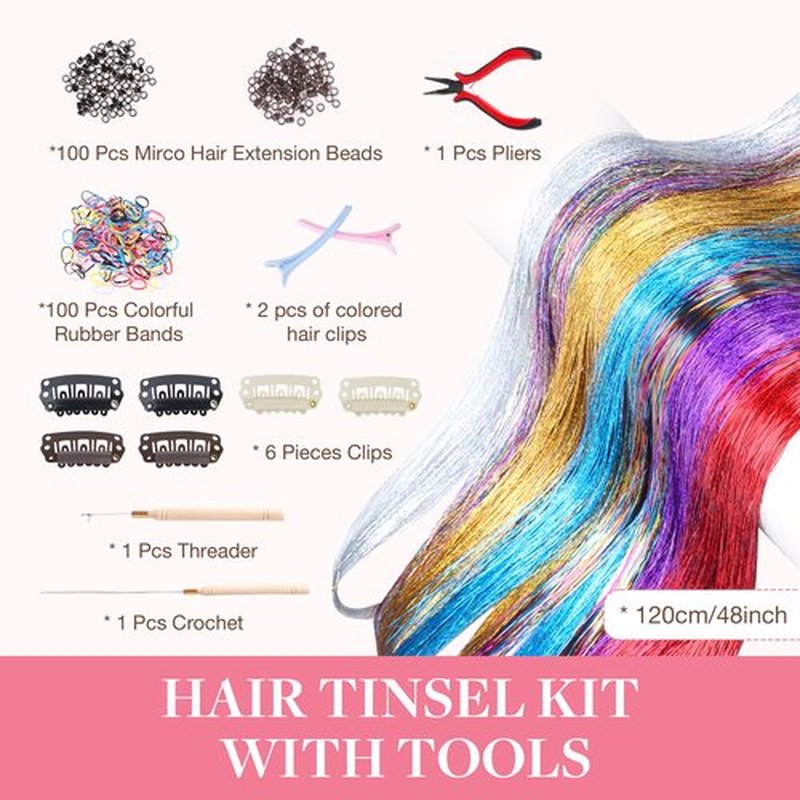 GOO GOO Hair Tinsel Kit 16 Colors, 3200 Strands of 48 Inch Tinsel Hair Extensions, Fairy Hair for Girls with Tools, Sparkling Glitter Highlights for Christmas, Halloween, Cosplay, and Parties