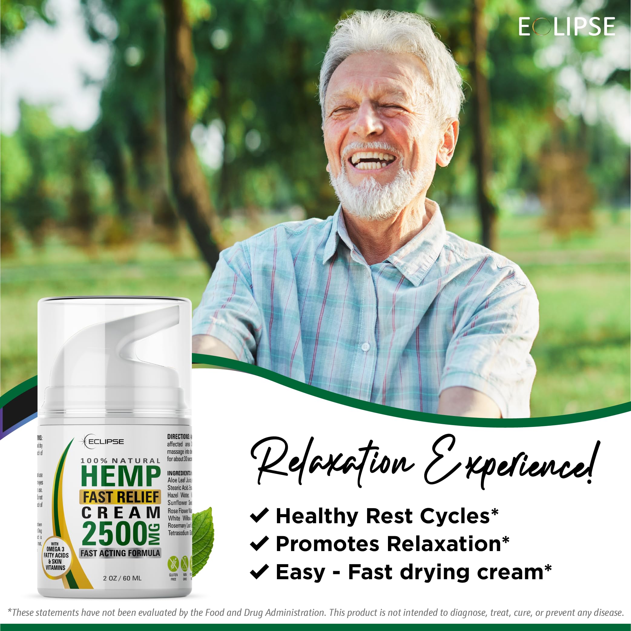 Hemp Cream by Eclipse - Non-Greasy, Natural Hemp Extract Cream - Made in USA - 1 Pack