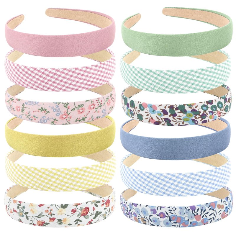 Wecoe 12pcs Headbands for Women Girls Summer Flower Floral Plain Checked Plaid Printed Headbands Hairbands Diy Costume Hair Accessories Women Girls Diademas Coreanas Para Mujer Gifts