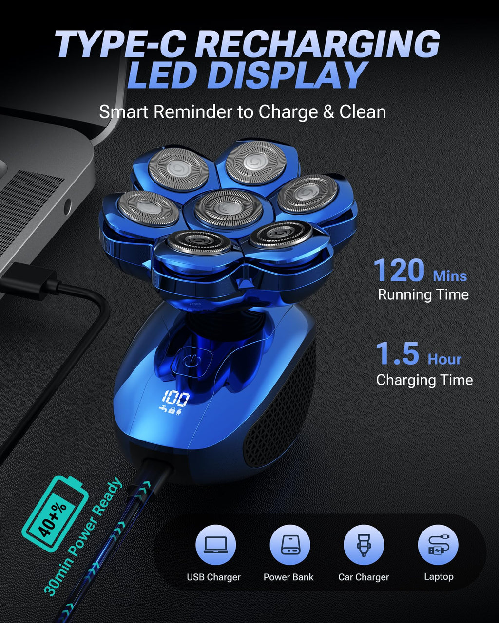 Feysfew Head Shaver for Bald Men, 7D Floating Electric Razor, Close Smooth Shave for Head, Flexible Heads, Replaceable Blade, IPX7 Waterproof Wet Dry Use, LED Display, USB Charging Blue