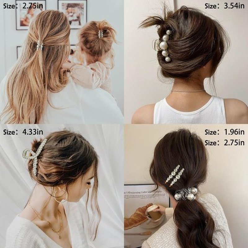 GQLV Pearl Hair Accessories for Women/Girls - 6PCS Large Hair Claws, Nonslip Decorative Bobby Pins, Spiral Ties for Thick/Thin Hair, Wedding Gifts (A-pearl)